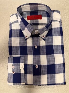 Men's Blue and White Check Button-Down Shirt